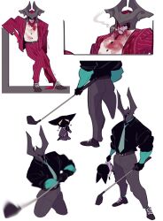 Rule 34 | 3boys, aatrox, alcohol, black shirt, blood, blood on clothes, blood on face, cigarette, colored skin, formal, glowing, glowing eyes, golf club, green skin, helmet, highres, league of legends, mordekaiser, multiple boys, muscular, muscular male, necktie, pants, ppul go1, red pants, red skin, red suit, shirt, suit, veigar, white shirt