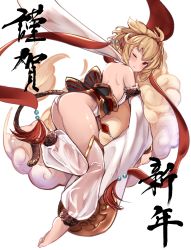Rule 34 | 10s, 1girl, andira (granblue fantasy), animal ears, ass, back, bare shoulders, barefoot, blonde hair, breasts, cloud, detached pants, detached sleeves, erune, flying nimbus, from behind, granblue fantasy, hair ornament, highres, looking at viewer, looking back, monkey ears, monkey tail, new year, one eye closed, red eyes, short hair, solo, tail, thighhighs, thighs, wankoo-mikami