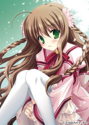 Rule 34 | 10s, 1girl, braid, female focus, gradient background, green eyes, hugging own legs, kanbe kotori, long hair, own hands clasped, own hands together, rewrite, solo, tanihara natsuki, thighhighs, twin braids, white thighhighs