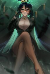 Rule 34 | 1girl, alternate costume, aqua eyes, black gloves, black skirt, breasts, business suit, cloud retainer (genshin impact), collared shirt, contemporary, crossed legs, formal, genshin impact, gloves, green lips, highres, large breasts, looking at viewer, office lady, pantyhose, shirt, sitting, skirt, solo, starbights, suit, white shirt, xianyun (genshin impact)
