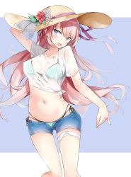 Rule 34 | 1girl, 7gao, :d, absurdres, arm up, bare arms, bikini, bikini under clothes, blue eyes, breasts, collarbone, crop top, denim, denim shorts, floating hair, flower, front-tie bikini top, front-tie top, green bikini, hair ribbon, hand on headwear, hat, hat flower, highres, huge filesize, long hair, looking at viewer, medium breasts, navel, open fly, open mouth, original, pink hair, pink ribbon, plaid, plaid bikini, red flower, ribbon, see-through, shirt, short shorts, short sleeves, shorts, side-tie bikini bottom, sidelocks, smile, solo, standing, stomach, sun hat, swimsuit, thigh strap, thighs, very long hair, wet, wet clothes, wet shirt, white shirt