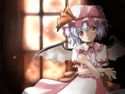 Rule 34 | 1girl, bat wings, blue hair, closed mouth, crossed arms, cup, drinking glass, hat, hat ribbon, head tilt, holding, holding cup, mob cap, puffy sleeves, red eyes, remilia scarlet, ribbon, short hair, short sleeves, smile, solo, touhou, window, wine glass, wings, yugi (magical-dreamer)