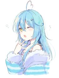 Rule 34 | 1girl, ahoge, bare shoulders, blue hair, camisole, cropped torso, frilled camisole, frills, fur-trimmed jacket, fur-trimmed sleeves, fur trim, hair between eyes, hair ornament, hairclip, hand up, heart, heart ahoge, hololive, jacket, long hair, long sleeves, looking at viewer, multicolored hair, off shoulder, one eye closed, open clothes, open jacket, open mouth, puffy long sleeves, puffy sleeves, signature, simple background, sofra, solo, streaked hair, striped clothes, striped jacket, twitter username, upper body, virtual youtuber, white background, white camisole, yellow eyes, yukihana lamy