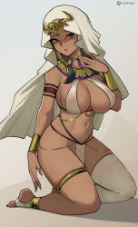 1girl bare_shoulders black_hair blue_eyes bracelet breasts dark_skin grey_background groin hand_up highres hioyami ishizu_ishtar jewelry kneeling large_breasts long_hair looking_at_viewer navel parted_lips pelvic_curtain pink_lips single_thighhigh solo stomach thighhighs thighlet thighs usekh_collar veil yu-gi-oh!