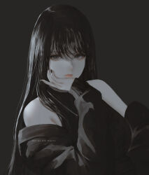 Rule 34 | 1girl, aoi ogata, artist name, black background, black hair, black jacket, black nails, clip studio paint (medium), closed mouth, commentary, english commentary, grey eyes, hair between eyes, hand up, highres, jacket, long hair, long sleeves, looking at viewer, nail polish, off shoulder, open clothes, open jacket, original, puffy long sleeves, puffy sleeves, simple background, sleeves past wrists, solo, upper body