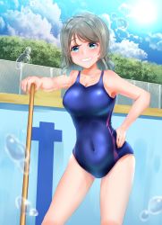 Rule 34 | 1girl, absurdres, blue eyes, blue sky, brown hair, competition swimsuit, female focus, grin, highres, looking at viewer, love live!, love live! sunshine!!, one-piece swimsuit, panaham, purple one-piece swimsuit, short hair, sky, smile, solo, swimsuit, tree, watanabe you