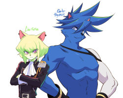 Rule 34 | 2boys, ascot, bae (baebae), blue eyes, blue hair, brand new animal, crossed arms, detached sleeves, furry, furry male, galo thymos, green hair, jacket, leather, leather jacket, lio fotia, multiple boys, promare, purple eyes, single detached sleeve, spiked hair, topless male