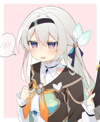 Rule 34 | 1boy, 1girl, black hairband, black jacket, blue eyes, blue hair, blush, border, clothes grab, collared shirt, firefly (honkai: star rail), gradient hair, grey hair, hair intakes, hairband, hand on own chest, highres, honkai: star rail, honkai (series), jacket, long sleeves, looking at viewer, multicolored hair, neckerchief, open mouth, orange neckerchief, out of frame, outside border, pink background, pink eyes, pink pupils, portrait, shirt, sidelocks, simple background, sleeve grab, solo focus, stelle (honkai: star rail), trailblazer (honkai: star rail), two-tone eyes, uwasewau, white border, white shirt