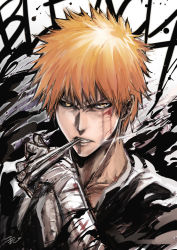 Rule 34 | 1boy, asymmetrical sclera, bandaged arm, bandages, black kimono, black sclera, bleach, blonde hair, blood, blood on face, clenched teeth, collarbone, colored sclera, hair between eyes, highres, isshi pyuma, japanese clothes, kimono, kurosaki ichigo, looking at viewer, male focus, mismatched sclera, official style, solo, teeth, upper body, yellow eyes