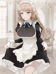 Rule 34 | 1girl, apron, black dress, blonde hair, blue eyes, blush, breasts, chowbie, curtsey, dress, highres, large breasts, long hair, long sleeves, looking at viewer, maid, maid headdress, original, smile, solo, thighs, white apron