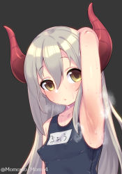 Rule 34 | 1girl, arm up, armpits, blush, breasts, covered erect nipples, dark background, emma august, hair between eyes, highres, horns, long hair, looking to the side, nijisanji, parted lips, presenting armpit, red horns, simple background, small breasts, stained clothes, steam, steaming body, sweat, sweaty clothes, swimsuit, twitter username, upper body, virtual youtuber, yellow eyes, yoshiwa tomo