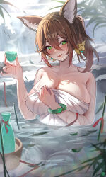Rule 34 | 1girl, :p, absurdres, animal ears, blush, bottle, bracelet, breasts, brown hair, choko (cup), cleavage, closed mouth, cup, fox ears, fox girl, green eyes, hair between eyes, hair ornament, highres, holding, holding cup, honkai: star rail, honkai (series), jewelry, large breasts, long hair, naked towel, onsen, outdoors, partially submerged, ponytail, sake bottle, smile, tansuan (ensj3875), tingyun (honkai: star rail), tongue, tongue out, towel, water, wet