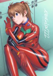 Rule 34 | 1girl, against wall, artist request, ass, blue eyes, bodysuit, breasts, brown hair, curvy, empty eyes, evangelion: 2.0 you can (not) advance, highres, long hair, looking to the side, medium breasts, neon genesis evangelion, plugsuit, rebuild of evangelion, red bodysuit, shiny clothes, sitting, souryuu asuka langley, twintails, very long hair, wall, wide hips
