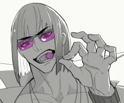 Rule 34 | 1boy, biting, bob cut, candy, collarbone, fate/grand order, fate (series), fingernails, food, haruakira, highres, holding, holding candy, holding food, holding lollipop, jewelry, large hands, lollipop, looking down, male focus, mature male, monochrome, necklace, pink-tinted eyewear, sakata kintoki (fate), short hair, simple background, solo, spot color, teeth, thick eyebrows, tinted eyewear, upper body