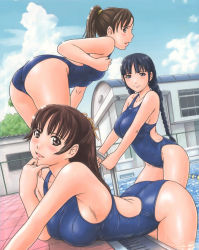Rule 34 | 3girls, ass, bent over, black hair, blush, breasts, brown eyes, brown hair, competition swimsuit, grey eyes, kisaragi gunma, kurata nao, large breasts, love selection, multiple girls, nemoto yui, one-piece swimsuit, ponytail, pool, short twintails, swimsuit, twintails, uehara ami