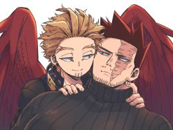 Rule 34 | 2boys, alternate costume, black sweater, blonde hair, blue eyes, boku no hero academia, casual, couple, endeavor (boku no hero academia), facial hair, feathered wings, hawks (boku no hero academia), heads together, large pectorals, male focus, mature male, miso (mimimiso), multiple boys, muscular, muscular male, pectorals, red hair, red wings, scar, scar across eye, scar on face, short hair, sideburns, smile, spiked hair, stubble, sweater, upper body, wings, yaoi