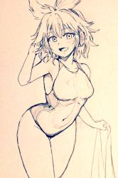 Rule 34 | 1girl, breasts, collarbone, commentary request, competition swimsuit, covered navel, cowboy shot, d-m (dii emu), earmuffs, eyelashes, greyscale, looking at viewer, medium breasts, monochrome, one-piece swimsuit, open mouth, pointy hair, sarong, short hair, swimsuit, touhou, toyosatomimi no miko, traditional media