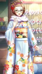 Rule 34 | 1girl, :d, bag, black-framed eyewear, blue kimono, brown eyes, brown hair, day, doukyuusei 2, doukyuusei another world, floral print, flower, game cg, glasses, hair flower, hair ornament, hairband, hairpin, handbag, holding, holding bag, japanese clothes, kimono, lens flare, long sleeves, looking at viewer, mizuno tomomi, obi, official art, open mouth, outdoors, print kimono, purple hairband, red flower, sash, smile, solo, standing, wide sleeves