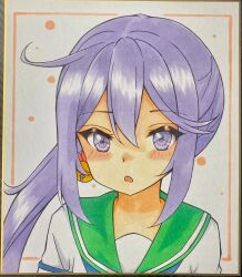 Rule 34 | 1girl, absurdres, akebono (kancolle), bell, blush, commentary request, dakkusu, flower, green sailor collar, hair bell, hair between eyes, hair flower, hair ornament, highres, jingle bell, kantai collection, long hair, looking at viewer, marker (medium), parted lips, photo (medium), purple eyes, purple hair, red flower, sailor collar, shirt, short sleeves, solo, traditional media, upper body, white shirt