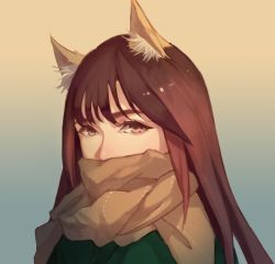 Rule 34 | animal ears, brown eyes, brown hair, cat ears, coat, covered mouth, eyelashes, gradient hair, green coat, highres, long hair, looking at viewer, mao mao wansui, multicolored hair, original, scarf, scarf over mouth, sidelocks, solo, upper body, yellow scarf