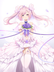 Rule 34 | 1girl, :3, absurdres, ahoge, azur lane, bare shoulders, blue ribbon, blush, bouquet, breasts, bride, butterfly hair ornament, chinese commentary, choker, closed mouth, commentary request, cowboy shot, dress, floating hair, flower, garter straps, gloves, hair between eyes, hair ornament, head tilt, highres, holding, holding bouquet, kanon (sinto), long hair, looking at viewer, navel, pink hair, purple eyes, ribbon, ribbon choker, saratoga (azur lane), sidelocks, simple background, skindentation, small breasts, smile, solo, standing, strapless, strapless dress, thighhighs, tiara, twintails, wedding dress, white background, white dress, white gloves, white thighhighs