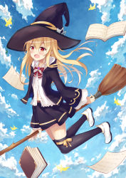 Rule 34 | 1girl, :o, black coat, black hat, black skirt, black thighhighs, blonde hair, blue sky, blush, book, bow, bowtie, broom, cloud, cloudy sky, coat, collared shirt, day, full body, hair between eyes, hat, highres, holding, holding broom, hood, hood down, legs up, long hair, long sleeves, looking at viewer, midair, midriff peek, miniskirt, open book, open clothes, open coat, open mouth, original, outdoors, paper, red bow, red bowtie, red eyes, ribbon, shirt, shoes, sidelocks, skirt, sky, solo, thighhighs, white footwear, white shirt, wide sleeves, witch hat, yang423, yellow ribbon, zettai ryouiki