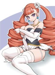 1girl annoyed arcana_heart arcana_heart_2 blue_eyes breasts breasts_out cleavage clenched_teeth covering_breasts covering_privates dress drill_hair gloves legs long_hair looking_at_viewer orange_hair petra_johanna_lagerkvist pink_lips sitting solo teeth thighs torn_clothes torn_dress twin_drills