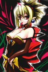 Rule 34 | 1girl, atoshi, bad id, bad pixiv id, blonde hair, bow, breasts, cleavage, disgaea, dress, earrings, jewelry, large breasts, makai senki disgaea 2, mouth hold, red eyes, rozalin, solo, strapless, strapless dress, yellow bow