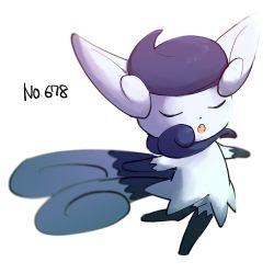 Rule 34 | blurry, commentary request, creatures (company), closed eyes, fang, game freak, gen 6 pokemon, meowstic, meowstic (female), morio (poke orio), nintendo, no humans, open mouth, outstretched arms, pokedex number, pokemon, pokemon (creature), simple background, solo, standing, white background
