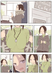 Rule 34 | 1girl, absurdres, brown hair, coat, comic, commentary request, door, highres, id card, original, ponytail, rucchiifu, scarf, silent comic, sweat, sweater, turtleneck, turtleneck sweater, unbuttoning, window, winter clothes, winter coat