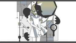 Rule 34 | 1girl, abstract background, blonde hair, commentary request, cowboy shot, dress, highres, jitome, kagamine rin, letterboxed, limited palette, looking at viewer, machigami yoh, medium hair, one eye covered, sailor collar, sailor dress, short dress, short sleeves, solo, standing, vocaloid, white dress