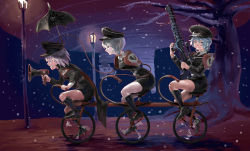 Rule 34 | 3girls, absurdres, angry, armor, bicycle, bipod, bird, black cape, black coat, black footwear, black headwear, black skirt, blue hair, boots, bow, braid, broken heart print, cape, chicken, clenched teeth, closed mouth, coat, collared shirt, commentary request, cookie (touhou), ein (cookie), full body, geru futota, green bow, green eyes, gun, hair between eyes, hair bow, hat, highres, holding, holding gun, holding umbrella, holding weapon, izayoi sakuya, lamppost, light blue hair, long sleeves, looking at another, looking at viewer, looking to the side, megaphone, miniskirt, multiple girls, nicoseiga36731666, pauldrons, peaked cap, purple eyes, purple hair, red bow, red cape, remilia scarlet, rifle, shirt, short hair, shoulder armor, silver hair, single braid, sitting, skirt, sniper rifle, snow, snowing, tandem bicycle, teeth, tentacles, touhou, tree, twin braids, two-sided cape, two-sided fabric, umbrella, weapon, white shirt, wing collar, zwei (cookie)