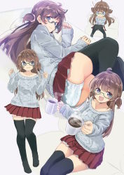 Rule 34 | 1girl, :d, amemiya sekira, aran sweater, ass, black thighhighs, blue eyes, blush, breasts, brown hair, cable knit, closed mouth, collarbone, commentary request, cup, green-framed eyewear, grey sweater, highres, holding, holding cup, long hair, long sleeves, lying, mug, multiple views, nose blush, off-shoulder sweater, off shoulder, on side, open mouth, original, panties, pleated skirt, polka dot, polka dot panties, red skirt, sekira ame, semi-rimless eyewear, sitting, skirt, sleeves past wrists, small breasts, smile, standing, steam, sweater, thighhighs, two side up, under-rim eyewear, underwear, very long hair, white panties