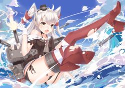 Rule 34 | 10s, 1girl, amatsukaze (kancolle), black panties, brown eyes, dress, garter straps, kantai collection, long hair, looking at viewer, off shoulder, panties, pc9527, personification, rensouhou-kun, sailor dress, school uniform, serafuku, short dress, silver hair, striped clothes, striped thighhighs, thighhighs, torn clothes, twintails, two side up, underwear