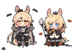 Rule 34 | 2girls, :3, alternate costume, animal ears, arknights, armor, ascot, aunt and niece, bat (animal), black bow, black cape, black cloak, black legwear, blemishine (arknights), blonde hair, blue eyes, bow, cape, cloak, commentary request, extra ears, fur-trimmed cloak, fur trim, hair bow, hair ornament, hairclip, holding, holding staff, holding weapon, holding whip, horse ears, horse girl, horse tail, kyou 039, long hair, looking at viewer, multiple girls, object through head, plaid, plaid skirt, planted, planted sword, planted weapon, pleated skirt, screw in head, simple background, skirt, staff, straight-on, sword, tail, thick eyebrows, weapon, whip, whislash (arknights), white ascot, white background, white skirt, yellow eyes