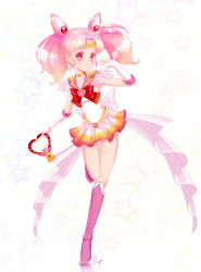 Rule 34 | 1girl, artist name, bell, bishoujo senshi sailor moon, bishoujo senshi sailor moon supers, boots, brooch, chibi usa, circlet, cone hair bun, crescent, crescent earrings, double bun, earrings, elbow gloves, full body, gloves, hair bun, hair ornament, heart, heart-shaped pupils, heart brooch, highres, holding, jewelry, knee boots, leg up, miniskirt, multicolored clothes, multicolored skirt, pink eyes, pink footwear, pink hair, pleated skirt, po yu, sailor chibi moon, signature, simple background, skirt, smile, solo, standing, standing on one leg, star (symbol), starry background, super sailor chibi moon, symbol-shaped pupils, twintails, white background, white gloves