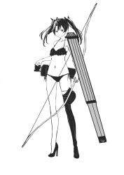 Rule 34 | 1girl, absurdres, alternate costume, arrow (projectile), asymmetrical footwear, bikini, bow (weapon), commentary, frilled bikini, frills, full body, grey background, hair ribbon, high heels, highres, holding, holding bow (weapon), holding weapon, kantai collection, long hair, looking at viewer, mismatched footwear, navel, neve (morris-minicooper), quiver, ribbon, simple background, solo, swimsuit, twintails, weapon, white background, zuikaku (kancolle)