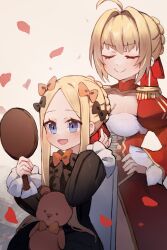 abigail_williams_(fate) ahoge alternate_hairstyle black_bow black_dress blonde_hair blush bow braid breasts brown_background cleavage closed_eyes closed_mouth commentary dress english_commentary fate/extra fate/grand_order fate_(series) forehead hair_bow hair_intakes hand_mirror hand_on_own_hip highres holding juliet_sleeves long_hair long_sleeves medium_breasts mirror miya_(miyaruta) nero_claudius_(fate) nero_claudius_(fate)_(all) nero_claudius_(fate/extra) orange_bow parted_bangs petals puffy_long_sleeves puffy_sleeves red_dress sidelocks sleeves_past_wrists smile stuffed_animal stuffed_toy teddy_bear very_long_hair