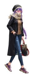 Rule 34 | 1girl, alternate costume, bag, bbburger, beanie, black bag, black coat, black hat, braid, breasts, brown scarf, brown sweater, buttons, cable knit, closed mouth, coat, contemporary, denim, earrings, flower earrings, fringe trim, full body, genshin impact, hair behind ear, hand in pocket, handbag, hat, highres, holding, holding bag, invisible floor, jeans, jewelry, long hair, long sleeves, looking at viewer, louis vuitton (brand), low-braided long hair, low-tied long hair, medium breasts, multicolored footwear, new balance, open clothes, open coat, pants, pink-tinted eyewear, purple eyes, purple footwear, raiden shogun, scarf, shoes, sidelocks, simple background, single braid, sneakers, solo, sunglasses, sweater, tachi-e, tinted eyewear, torn clothes, torn jeans, torn pants, very long hair, walking, white background, winter clothes