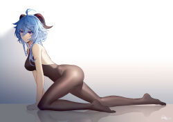 Rule 34 | 1girl, ahoge, all fours, backless outfit, bare shoulders, black leotard, black pantyhose, blue hair, bodystocking, bodysuit, breasts, from side, ganyu (genshin impact), genshin impact, highres, horns, leotard, leotard under clothes, long hair, looking at viewer, medium breasts, pantyhose, purple eyes, sidelocks, signature, solo, thighs, yukleeeee