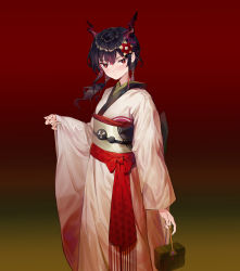 Rule 34 | 1girl, absurdres, arknights, basket, blush, brown background, ch&#039;en (arknights), cowboy shot, dragon horns, female focus, gradient background, hair between eyes, highres, holding, holding basket, horns, japanese clothes, kimono, long hair, long sleeves, looking at viewer, low twintails, obi, purple hair, qingshu, red background, red eyes, sash, solo, standing, twintails, white kimono, wide sleeves