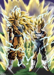 Rule 34 | 2boys, absurdres, arms at sides, aura, biceps, blonde hair, blue footwear, blue sash, blue shirt, blue wristband, boots, clenched hands, closed mouth, commentary request, crossed arms, dougi, dragon ball, dragon ball legends, dragon ball z dokkan battle, dragonball z, electricity, energy, floating hair, full body, gloves, green eyes, highres, long hair, looking at viewer, male focus, multiple boys, muscular, muscular male, no eyebrows, pectoral cleavage, pectorals, sash, scratches, shirt, short hair, smile, smirk, son goku, spiked hair, standing, super saiyan, super saiyan 2, super saiyan 3, torn clothes, toshi-chan, v-shaped eyebrows, vegeta, watermark, white footwear, white gloves, wristband