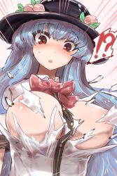 Rule 34 | !?, 1girl, black hat, blue hair, bow, bowtie, breast expansion, breasts, commentary request, emphasis lines, exploding clothes, food, fruit, hat, highres, hinanawi tenshi, kaizu (kaizukurodai), large breasts, long hair, peach, red bow, red bowtie, red eyes, shirt, short sleeves, solo, surprised, sweatdrop, touhou, upper body, white background, white shirt