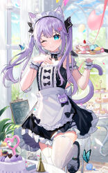 Rule 34 | 1girl, ;), absurdres, animal ear fluff, animal ears, apron, black bow, black skirt, blue eyes, bow, bug, butterfly, cat ears, floating hair, grey hair, hair ornament, highres, holding, holding plate, insect, leg up, long hair, looking at viewer, maid, maid headdress, miniskirt, one eye closed, original, plate, skirt, smile, solo, standing, standing on one leg, thighhighs, twintails, waist apron, white apron, white thighhighs, yukizawa xueze, zettai ryouiki