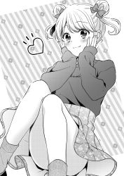 Rule 34 | 1girl, absurdres, blush, character request, closed mouth, commentary request, convenient leg, diagonal stripes, double bun, feet out of frame, floral print, greyscale, hair bun, hands up, heart, highres, ice cream kanojo, knees together feet apart, knees up, kuune rin, long sleeves, looking at viewer, monochrome, multicolored hair, print skirt, shirt, skirt, sleeves past wrists, smile, socks, solo, striped, striped background, two-tone hair