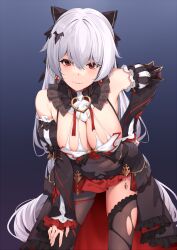 Rule 34 | 1girl, armpits, bare shoulders, bent over, black dress, bow, breasts, brown thighhighs, cleavage, closed mouth, contrapposto, covered navel, cowboy shot, detached sleeves, dress, earrings, frilled shirt collar, frills, gradient background, hair bow, hair ornament, hand on own hip, highres, honkai (series), honkai impact 3rd, jewelry, large breasts, long hair, long sleeves, looking at viewer, miniskirt, pak ce, pleated skirt, red eyes, red skirt, single leg pantyhose, skirt, sleeveless, sleeveless dress, smile, solo, spaghetti strap, standing, theresa apocalypse, theresa apocalypse (luna kindred), theresa apocalypse (lunar vow: crimson love), thighhighs, thighs, torn clothes, torn thighhighs, v-shaped eyebrows, very long hair, waist cape, white hair
