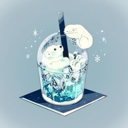 Rule 34 | absurdres, animal, animal focus, bear, black eyes, blue background, commentary request, cub, cup, disposable cup, drinking straw, highres, ice, ice cube, in container, in cup, looking at another, napkin, no humans, original, oversized object, polar bear, sassa (kyokuchi), simple background, snowflakes, solid circle eyes