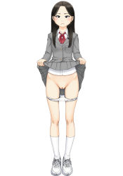 Rule 34 | 1girl, black eyes, black hair, blush, cleft of venus, clothes lift, female focus, full body, lifting own clothes, long hair, maburu, original, panties, panty pull, pussy, school uniform, shirt, shoes, simple background, skirt, skirt lift, socks, solo, standing, uncensored, underwear, white background