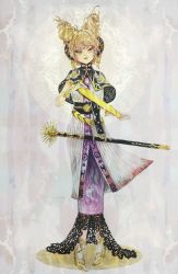Rule 34 | 1girl, alternate costume, bad id, bad pixiv id, blonde hair, dress, earmuffs, full body, looking at viewer, nazo (mystery), pointy hair, ritual baton, short hair, smile, solo, standing, sword, touhou, toyosatomimi no miko, weapon