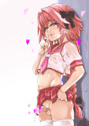 Rule 34 | 1boy, astolfo (fate), censored, clothes lift, crossdressing, fate/apocrypha, fate/grand order, fate (series), half-closed eyes, heart, heart censor, lifted by self, looking at viewer, midriff, miniskirt, naughty face, navel, nipples, no panties, ozawa reido, penis, pink hair, pleated skirt, school uniform, see-through, serafuku, skindentation, skirt, skirt lift, thighhighs, trap